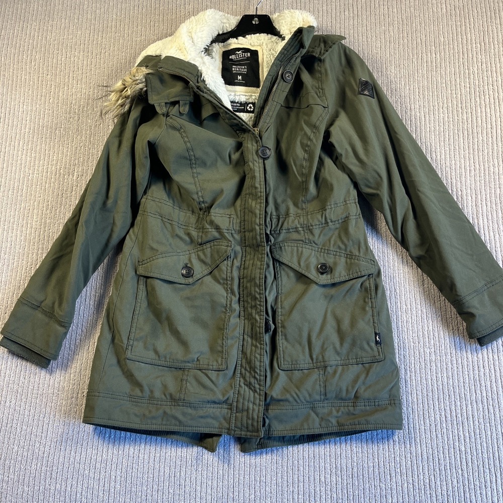 Hollister Vintage Y2K Jacket Women's M Green Faux Fur Hood Sherpa Lined Hooded